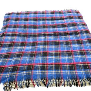 Vintage Woolen Blanket Throw 5561/2" X 61" Plaid Fringed Blue Red Yellow